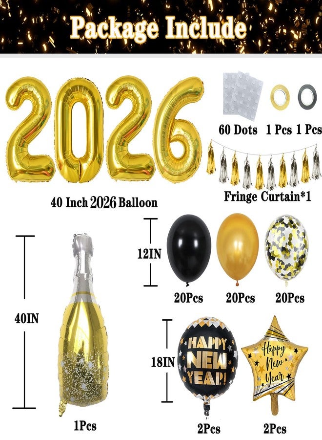 KALOR مستلزمات حفلات رأس السنة 2026، بالونات ضخمة تحمل الرقم 2026، لافتة سوداء وذهبية، زجاجة، كأس، بالونات على شكل نجمة، شرابات معلقة لتزيين حفلات رأس السنة. - Image 2